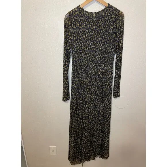 Fee People Hello and Goodbye Mesh Black Floral Long Sleeve Maxi Dress Sm Cottage - Picture 2 of 12